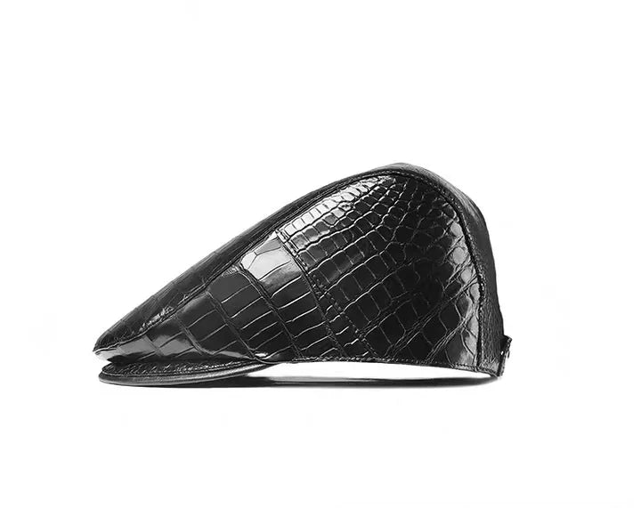 TREKHE | Elite Crocodile Golf Cap – Black Leather Newsboy Style