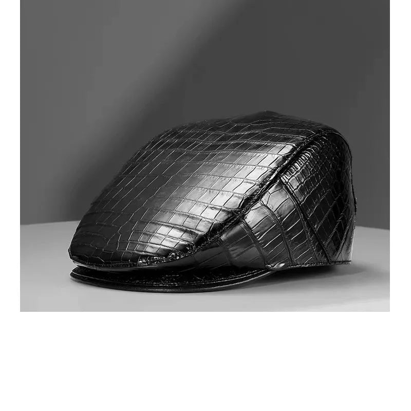 TREKHE | Elite Crocodile Golf Cap – Black Leather Newsboy Style