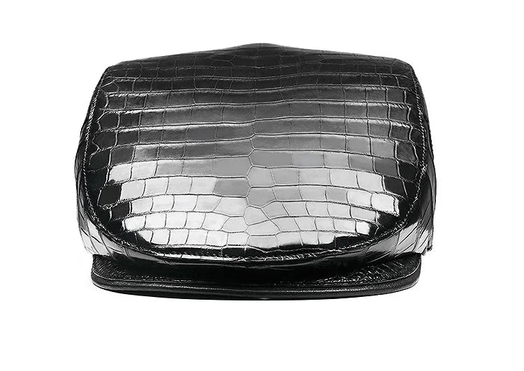 TREKHE | Elite Crocodile Golf Cap – Black Leather Newsboy Style