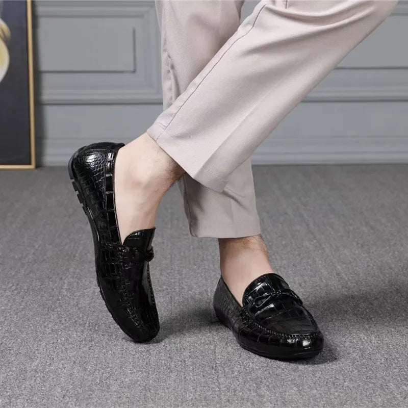 TREKHE | Klassische Loafer aus Krokodilleder – Echtes exotisches Leder, schwarze Slipper für Herren