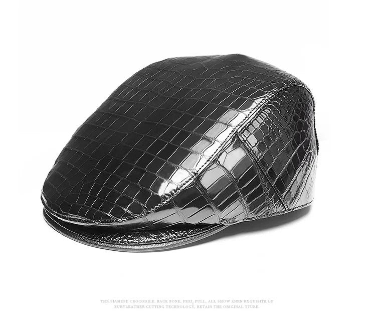 TREKHE | Elite Crocodile Golf Cap – Black Leather Newsboy Style