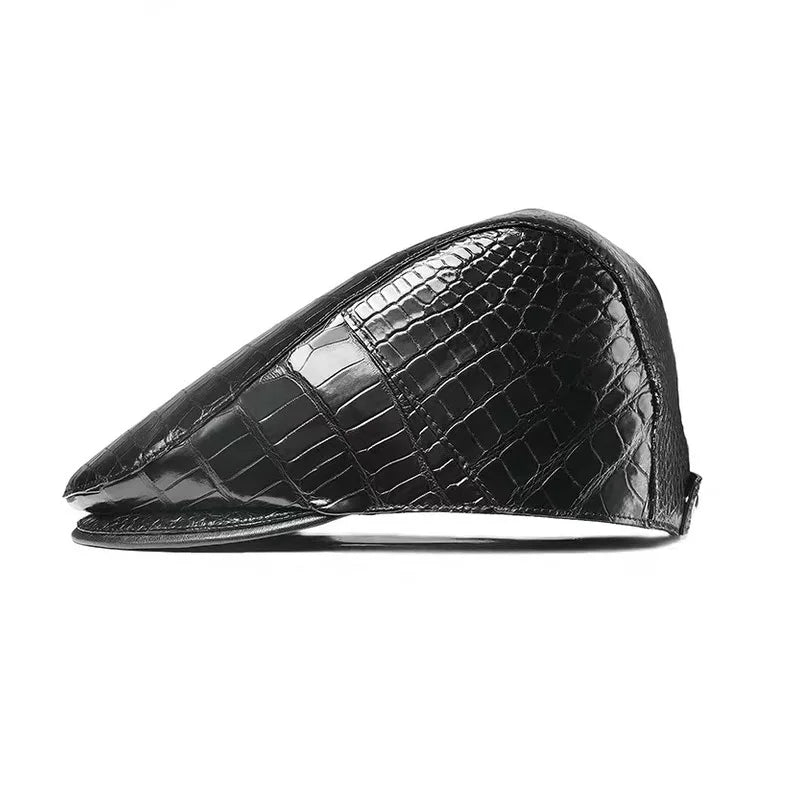 TREKHE | Elite Crocodile Golf Cap – Black Leather Newsboy Style