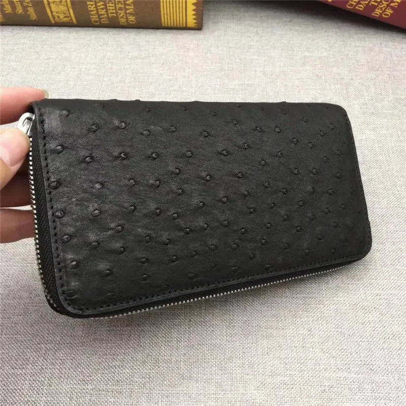 TREKHE | Klassische Geldbörse aus Straußenleder mit Reißverschluss – Lange Clutch für Herren, echtes exotisches Leder