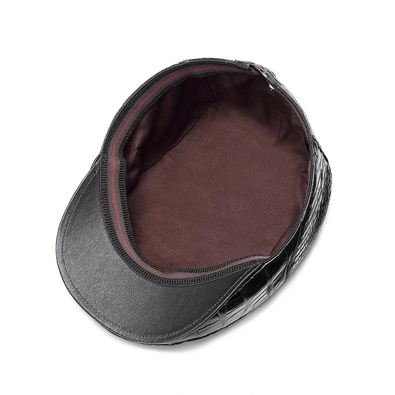 TREKHE | Elite Crocodile Golf Cap – Black Leather Newsboy Style
