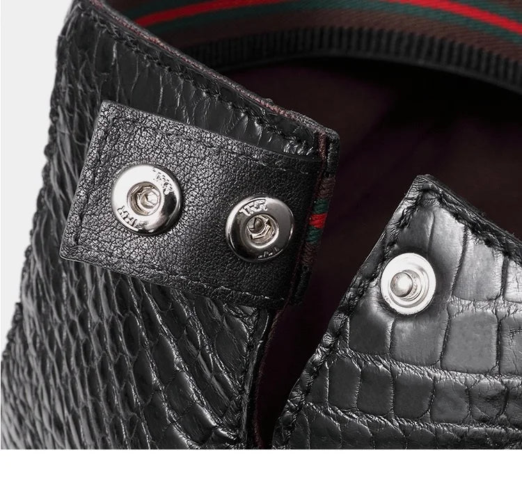 TREKHE | Elite Crocodile Golf Cap – Black Leather Newsboy Style