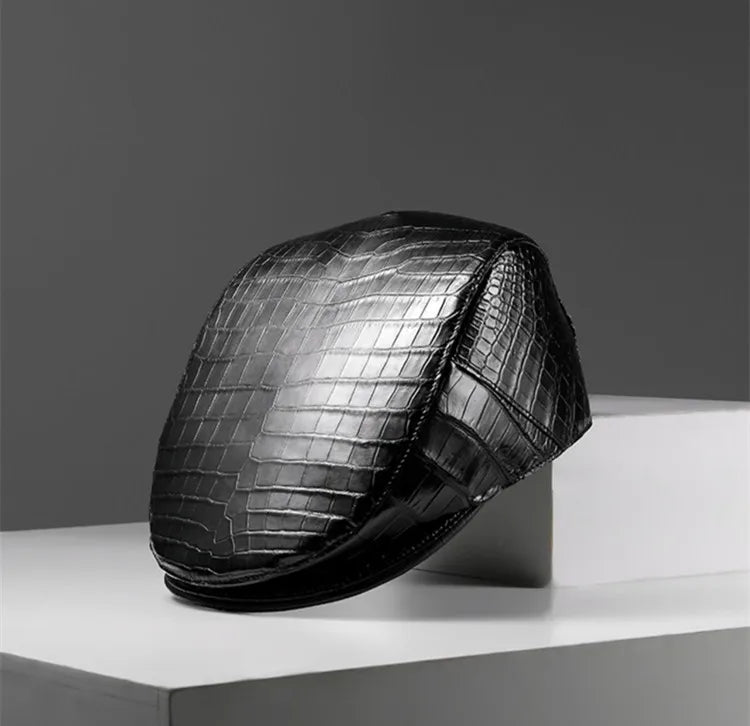 TREKHE | Elite Crocodile Golf Cap – Black Leather Newsboy Style