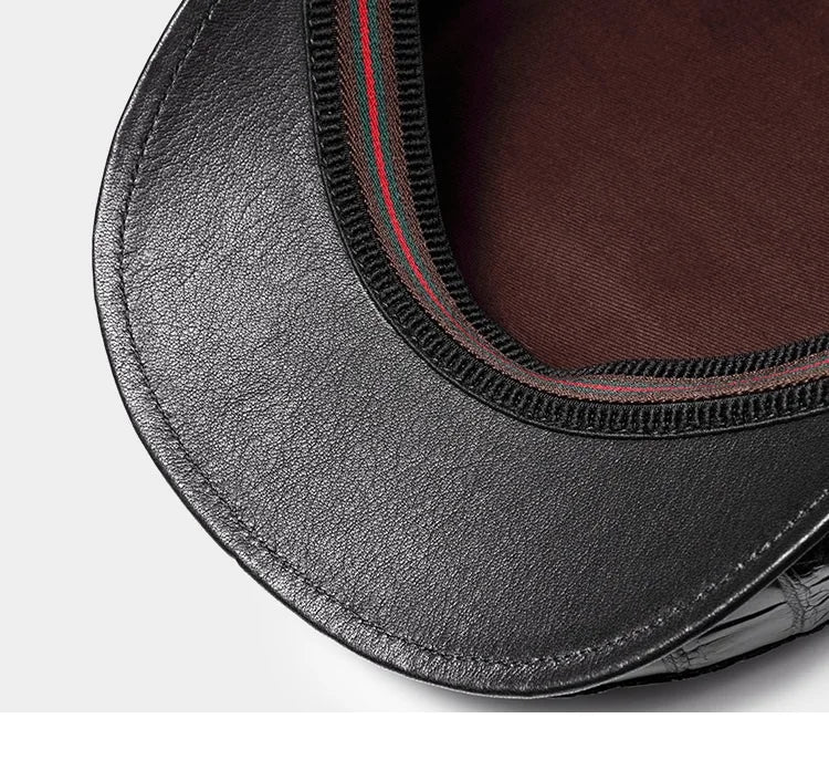 TREKHE | Elite Crocodile Golf Cap – Black Leather Newsboy Style