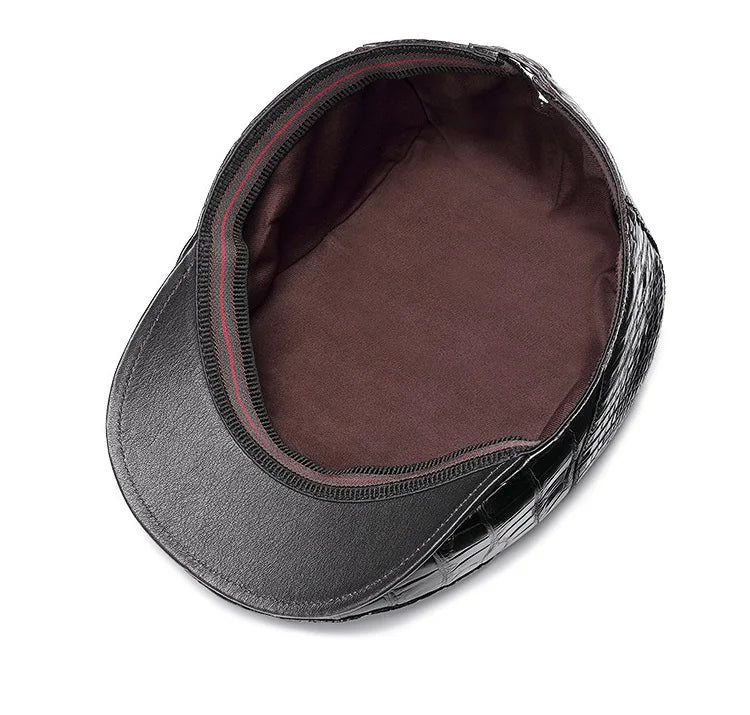 TREKHE | Elite Crocodile Golf Cap – Black Leather Newsboy Style