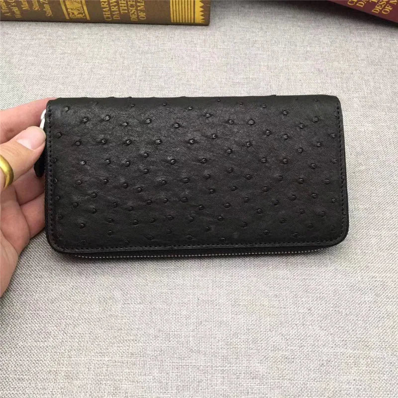 TREKHE | Klassische Geldbörse aus Straußenleder mit Reißverschluss – Lange Clutch für Herren, echtes exotisches Leder