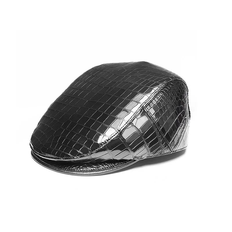 TREKHE | Elite Crocodile Golf Cap – Black Leather Newsboy Style