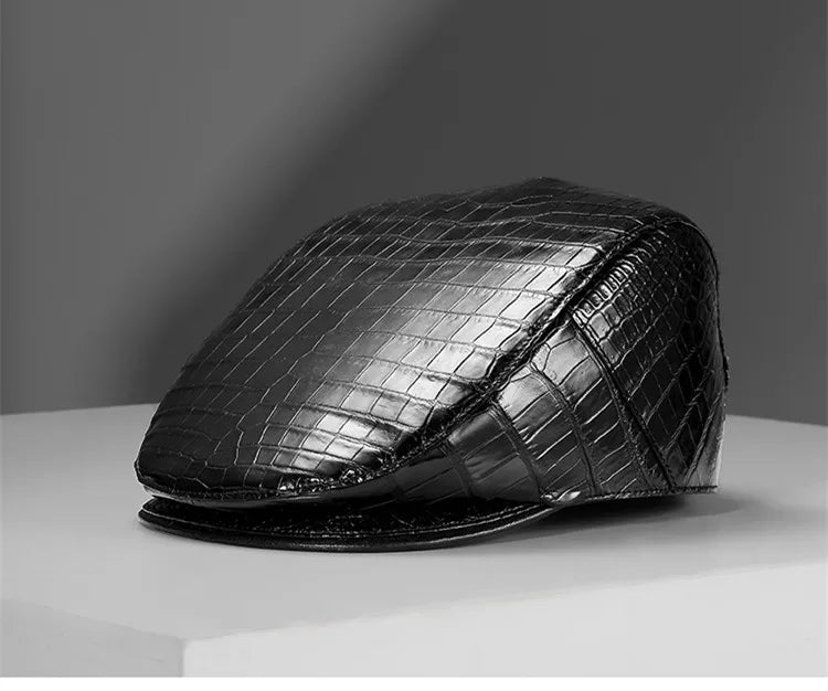 TREKHE | Elite Crocodile Golf Cap – Black Leather Newsboy Style