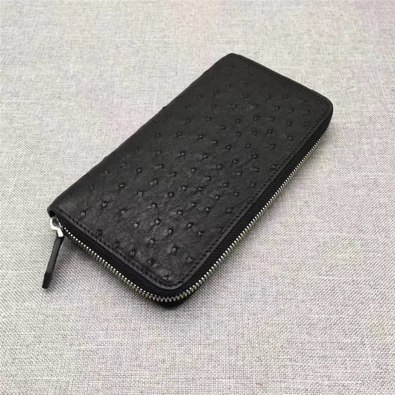 TREKHE | Klassische Geldbörse aus Straußenleder mit Reißverschluss – Lange Clutch für Herren, echtes exotisches Leder