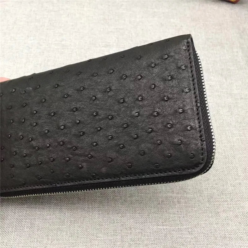 TREKHE | Klassische Geldbörse aus Straußenleder mit Reißverschluss – Lange Clutch für Herren, echtes exotisches Leder