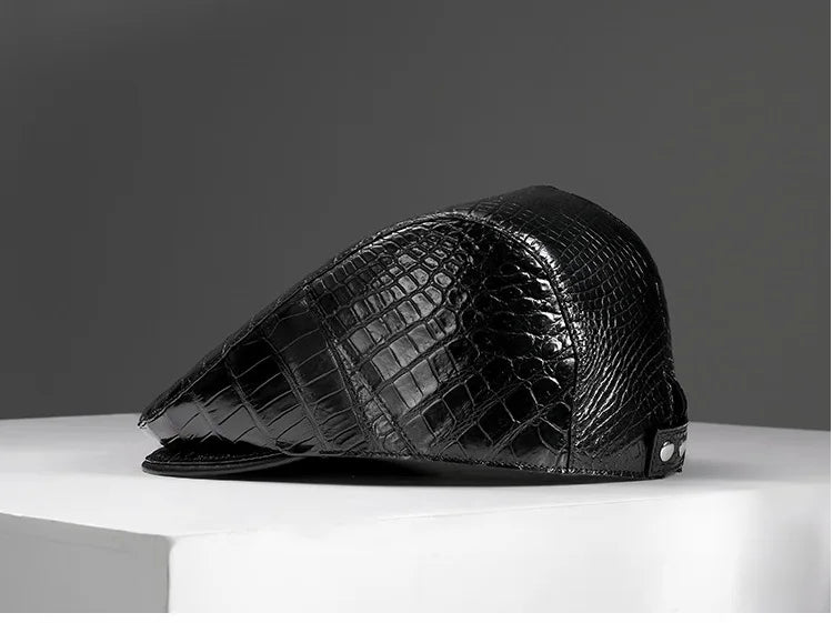 TREKHE | Elite Crocodile Golf Cap – Black Leather Newsboy Style