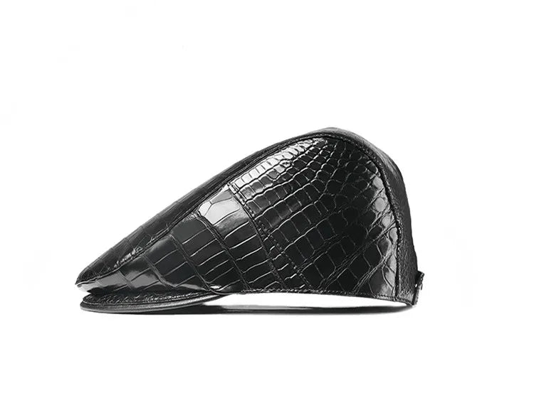 TREKHE | Elite Crocodile Golf Cap – Black Leather Newsboy Style