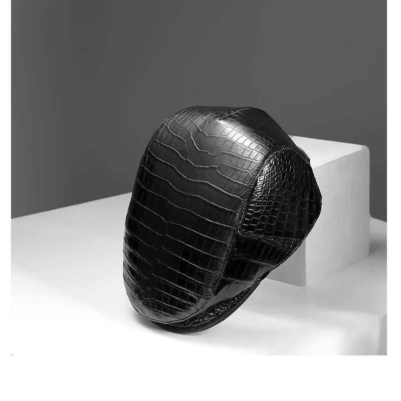TREKHE | Elite Crocodile Golf Cap – Black Leather Newsboy Style