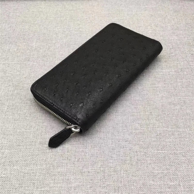 TREKHE | Klassische Geldbörse aus Straußenleder mit Reißverschluss – Lange Clutch für Herren, echtes exotisches Leder
