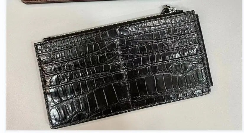 TREKHE | Linear Crocodile Slim Wallet – Langer Organizer aus Leder mit Reißverschluss