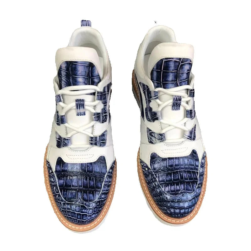 TREKHE | Imperial Duo-Tone Crocodile Sneakers – White & Blue Lace-Up Board Shoes
