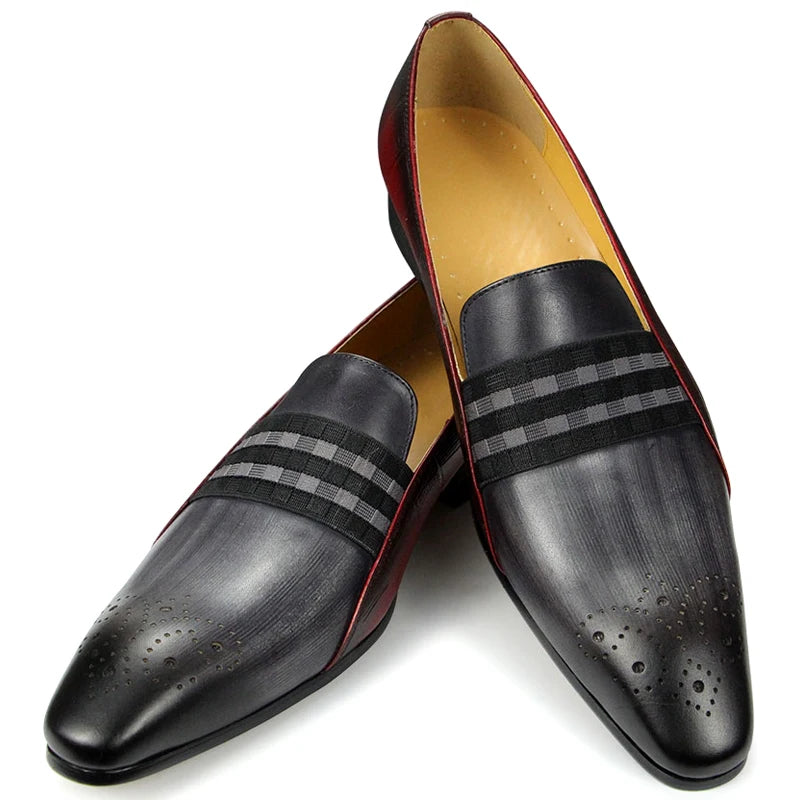 TREKHE | Grau-schwarze Slip-On-Loafer – Handgefertigtes Leder mit gestreiftem Akzent