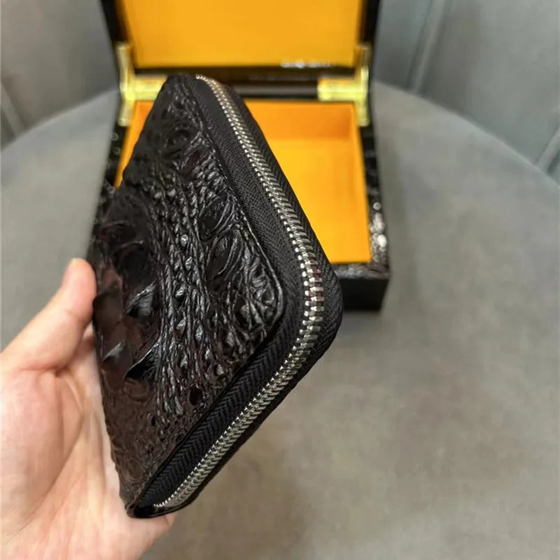 Authentic Exotic Alligator Leather Men's Short Black ZIP Bifold Wallet Genuine Real Crocodile Skin Male Small Brown Card Holders