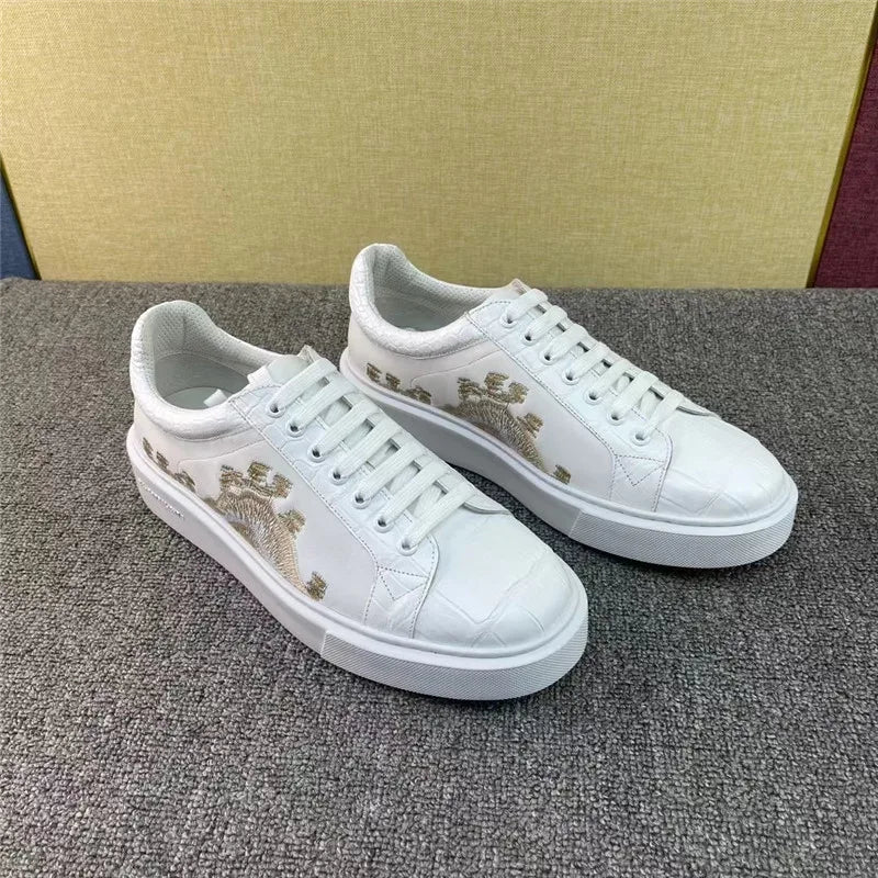 TREKHE | Imperial White Crocodile Sneakers – Embroidered Lace-Up Board Shoes