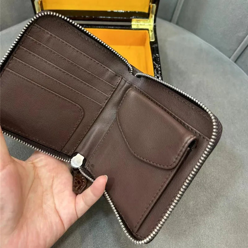 Authentic Exotic Alligator Leather Men's Short Black ZIP Bifold Wallet Genuine Real Crocodile Skin Male Small Brown Card Holders