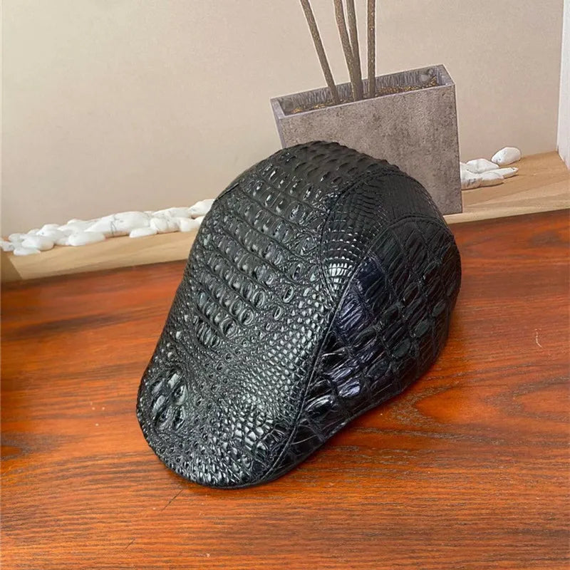 TREKHE | Noir Crocodile Newsboy Cap – Black Exotic Leather Flat Hat
