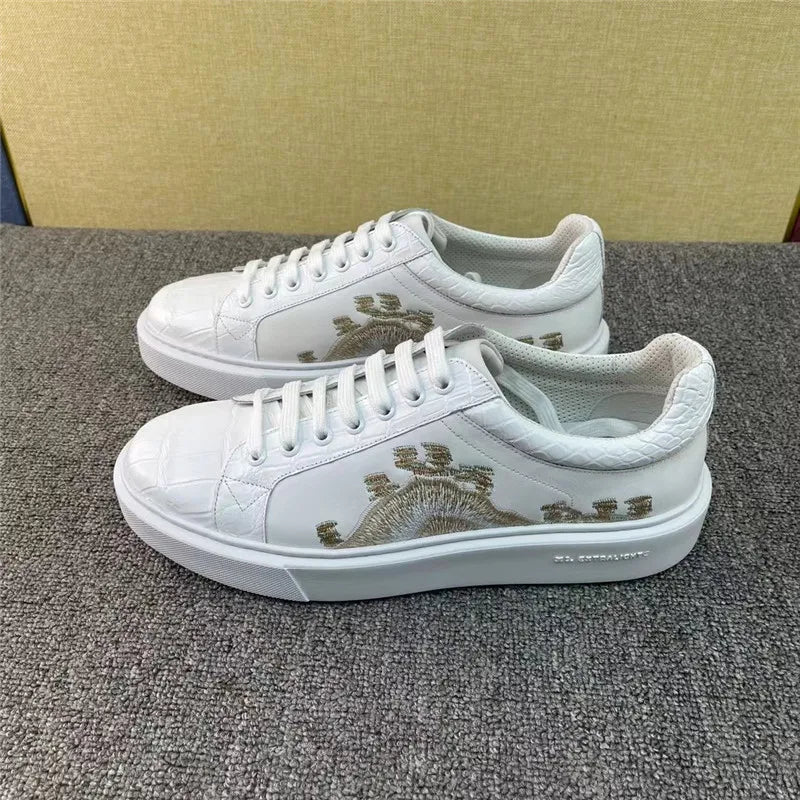 TREKHE | Imperial White Crocodile Sneakers – Embroidered Lace-Up Board Shoes