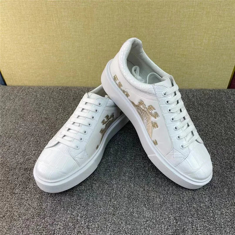 TREKHE | Imperial White Crocodile Sneakers – Embroidered Lace-Up Board Shoes