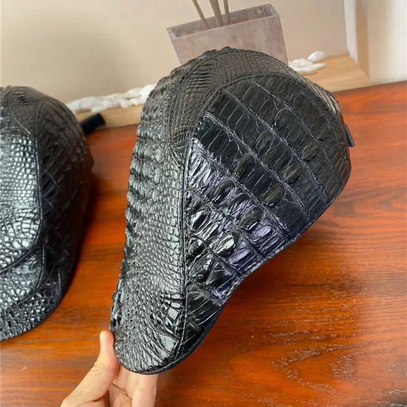 TREKHE | Noir Crocodile Newsboy Cap – Black Exotic Leather Flat Hat