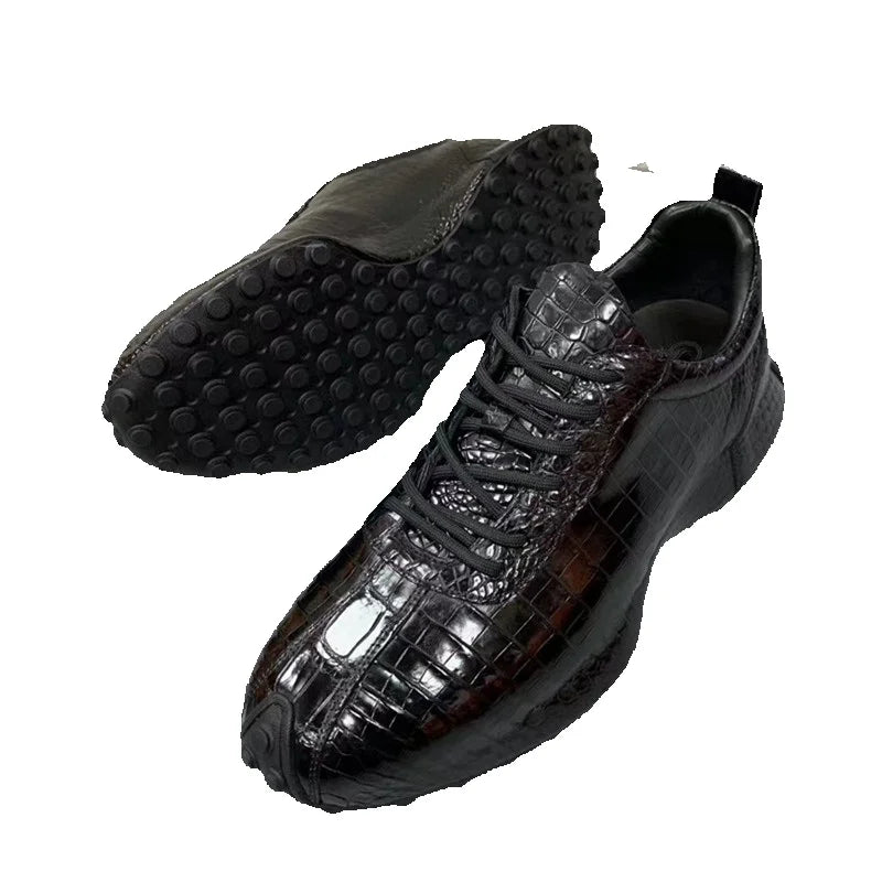 Men’s mid-top sneaker in genuine crocodile leather by TREKHE, shown in profile view