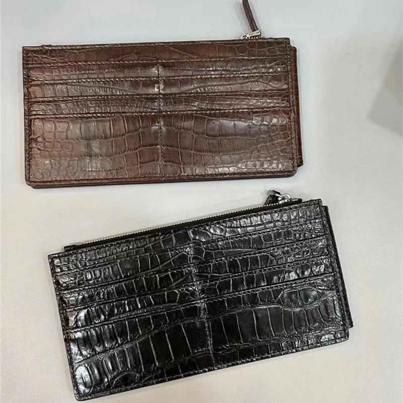 TREKHE | Linear Crocodile Slim Wallet – Langer Organizer aus Leder mit Reißverschluss