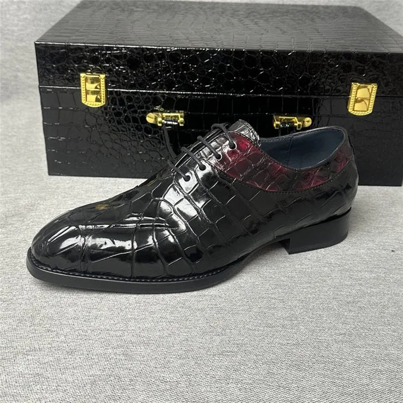 TREKHE | Exotic Crocodile Oxford Shoes – Genuine Leather Men's Square Toe Lace-Up