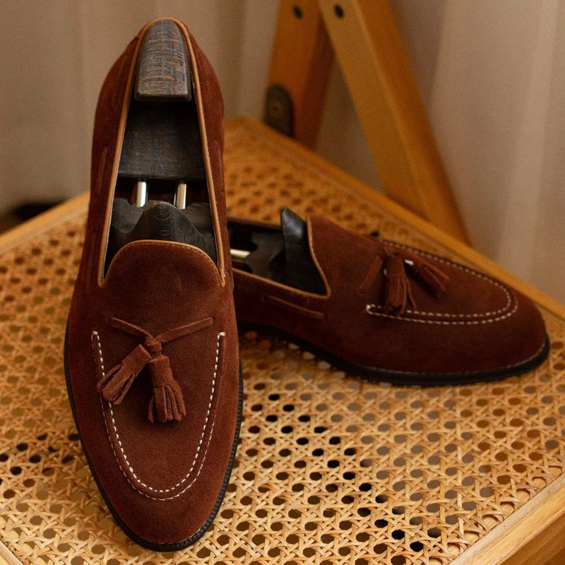 TREKHE | Suede Tassel Loafer – Classic Brown Slip-On Elegance