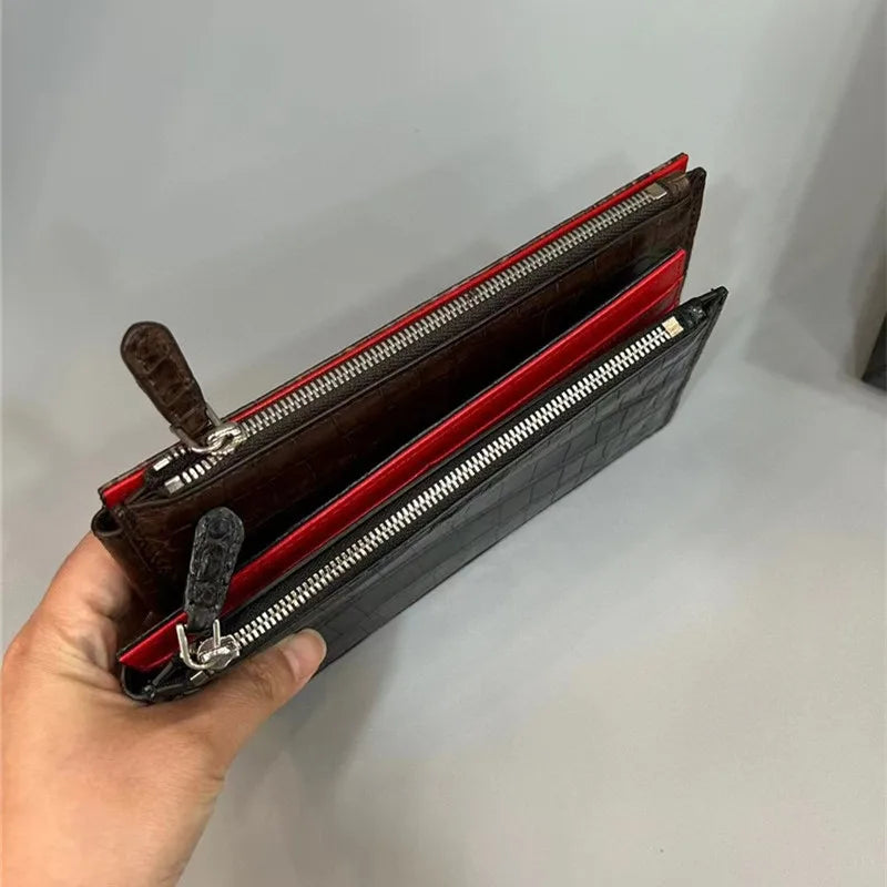 TREKHE | Linear Crocodile Slim Wallet – Langer Organizer aus Leder mit Reißverschluss