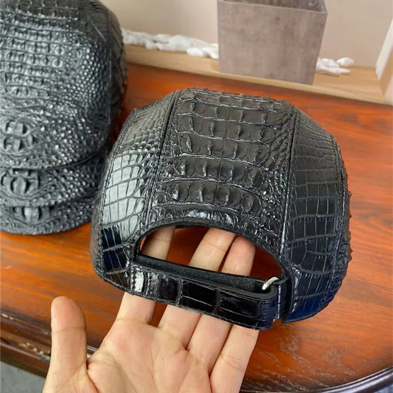 TREKHE | Noir Crocodile Newsboy Cap – Black Exotic Leather Flat Hat