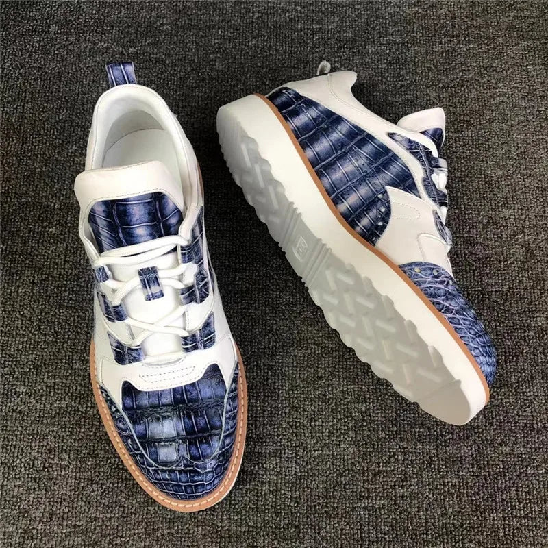 TREKHE | Imperial Duo-Tone Crocodile Sneakers – White & Blue Lace-Up Board Shoes