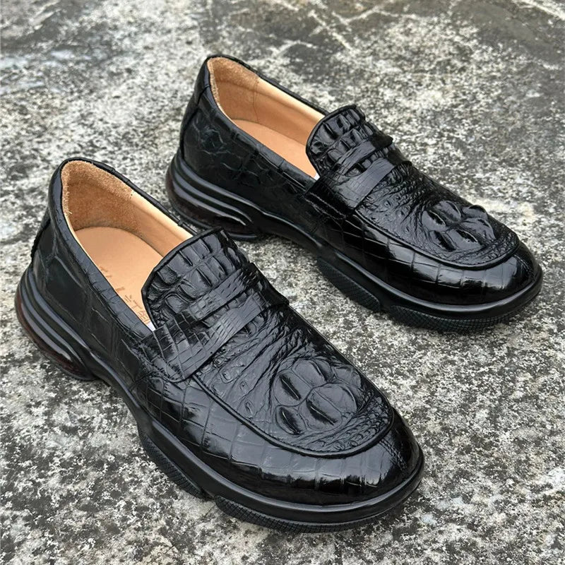 TREKHE | Imperial Black Crocodile Loafers – Weiche Slip-On Business Casual