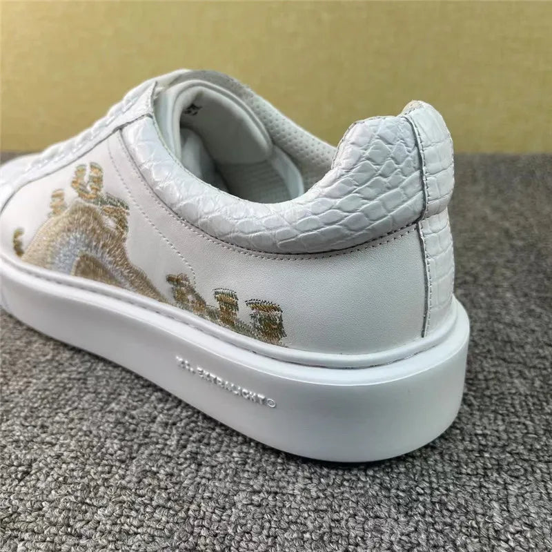 TREKHE | Imperial White Crocodile Sneakers – Embroidered Lace-Up Board Shoes