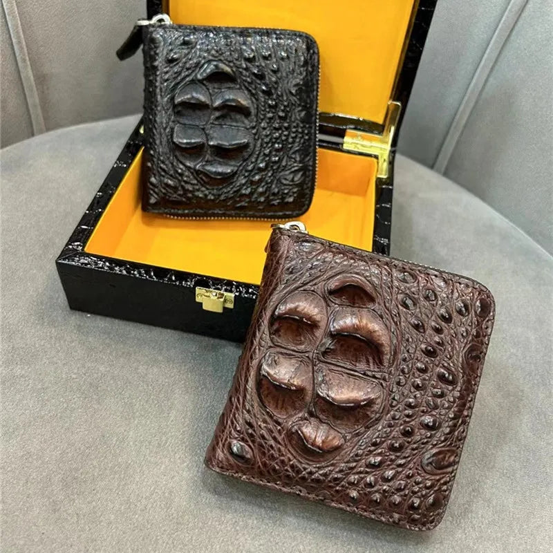 Authentic Exotic Alligator Leather Men's Short Black ZIP Bifold Wallet Genuine Real Crocodile Skin Male Small Brown Card Holders