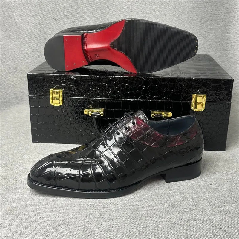 TREKHE | Exotic Crocodile Oxford Shoes – Genuine Leather Men's Square Toe Lace-Up