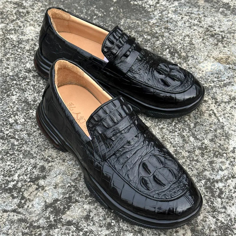 TREKHE | Imperial Black Crocodile Loafers – Weiche Slip-On Business Casual