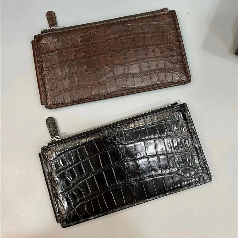TREKHE | Linear Crocodile Slim Wallet – Langer Organizer aus Leder mit Reißverschluss