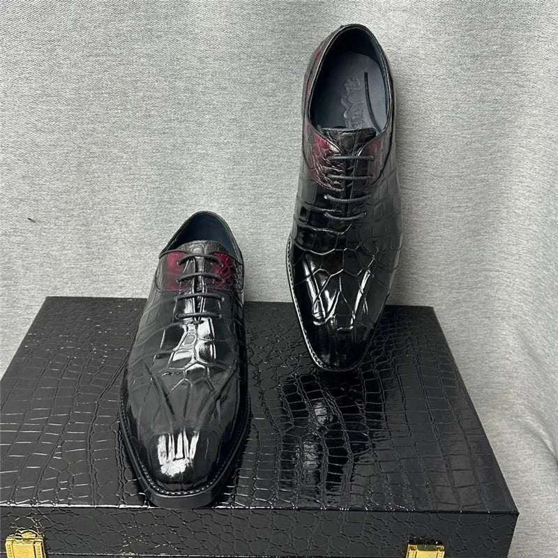 TREKHE | Exotic Crocodile Oxford Shoes – Genuine Leather Men's Square Toe Lace-Up