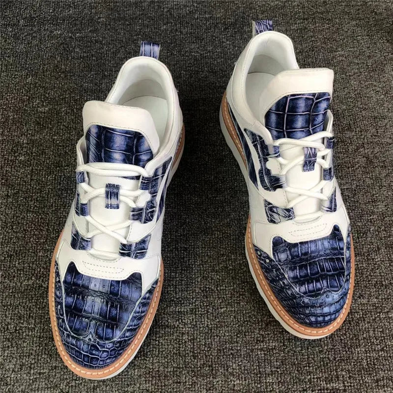 TREKHE | Imperial Duo-Tone Crocodile Sneakers – White & Blue Lace-Up Board Shoes