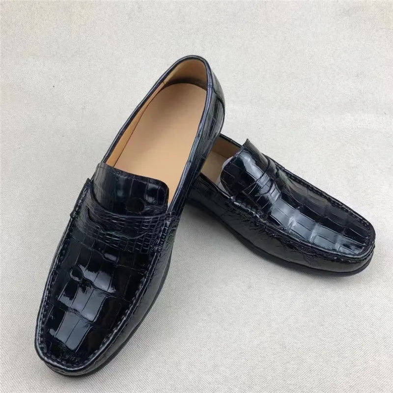 TREKHE | Imperial Driving Loafers – Schwarze Slipper aus Krokodil
