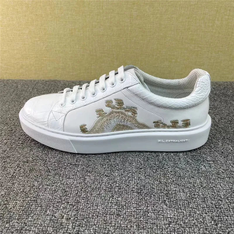 TREKHE | Imperial White Crocodile Sneakers – Embroidered Lace-Up Board Shoes