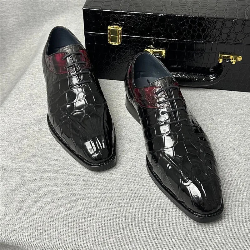 TREKHE | Exotic Crocodile Oxford Shoes – Genuine Leather Men's Square Toe Lace-Up