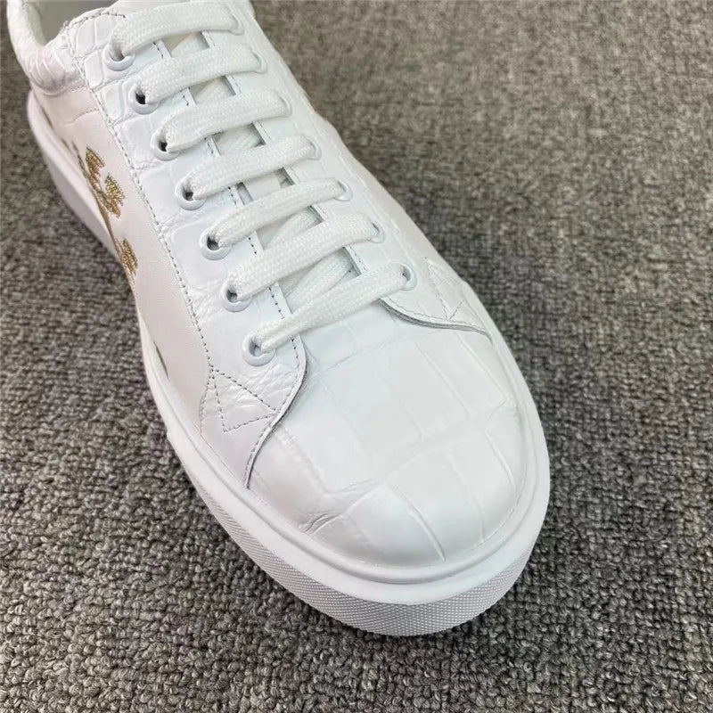 TREKHE | Imperial White Crocodile Sneakers – Embroidered Lace-Up Board Shoes